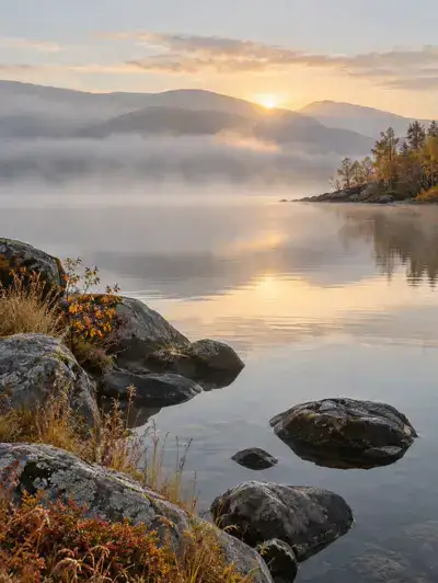 A peaceful lake at dusk