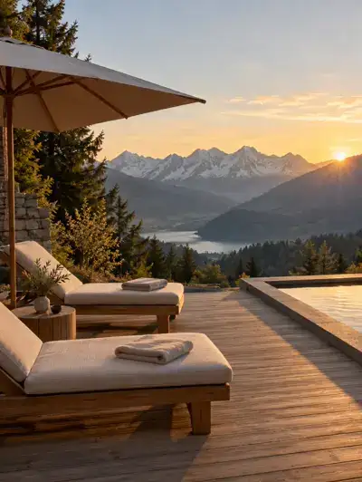 A hotel terrace overlooking a lake and mountains